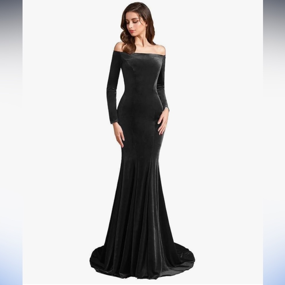 Black Velvet Long Sleeve Off Shoulder Mermaid Gown